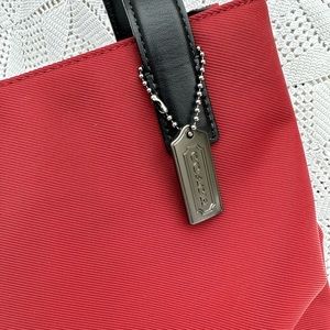 Vintage Coach Red Canvas Twill Black Leather Mercer Square Shoulder Bag Med Tote